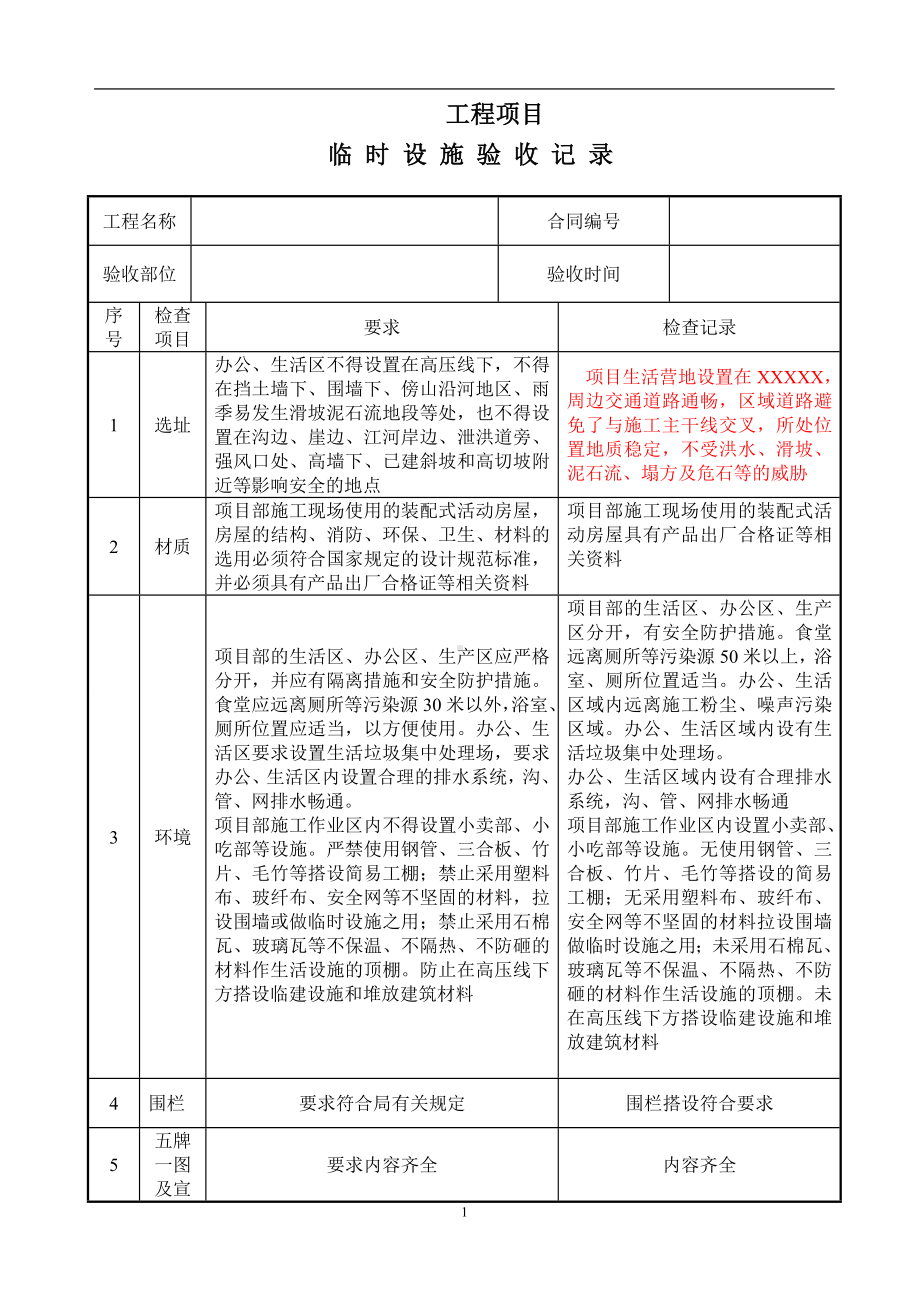 临建设施验收记录参考模板范本.doc_第1页