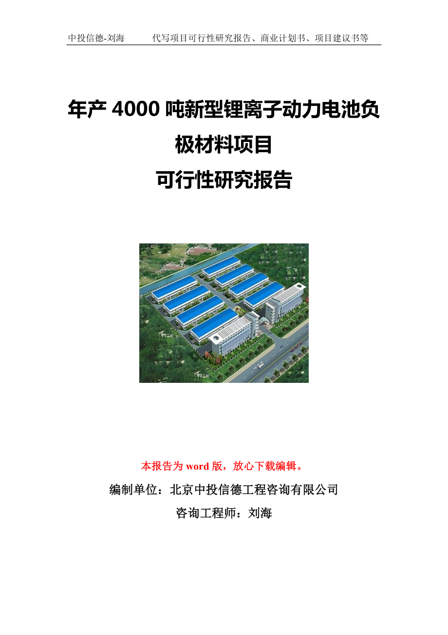 年产4000吨新型锂离子动力电池负极材料项目可行性研究报告写作模板立项备案文件.doc_第1页