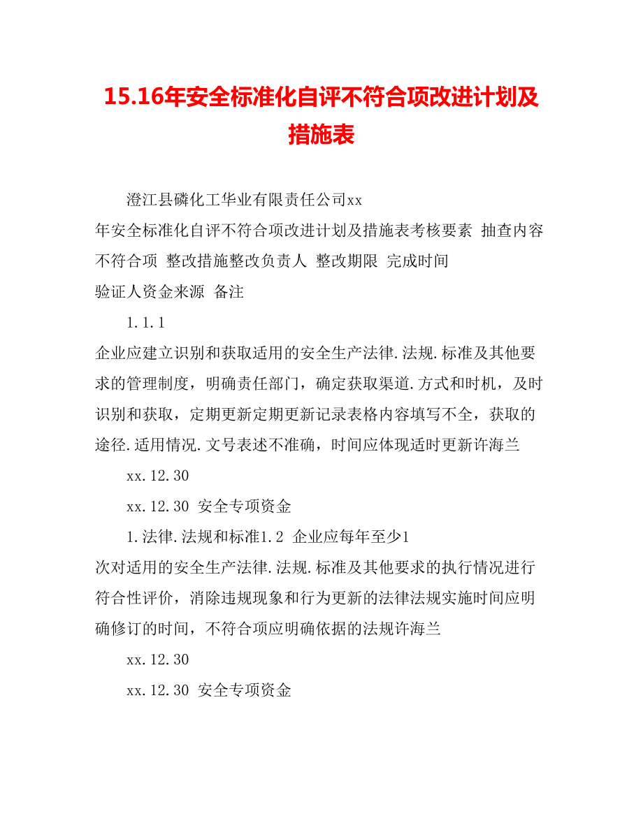 5.6年安全标准化自评不符合项改进计划及措施表.doc_第1页