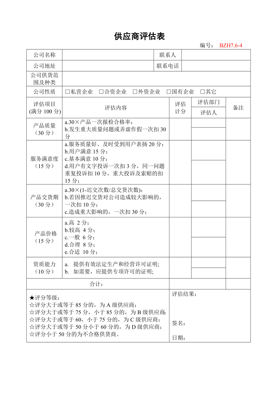 企业安全标准化-供应商评估表参考模板范本.doc_第1页