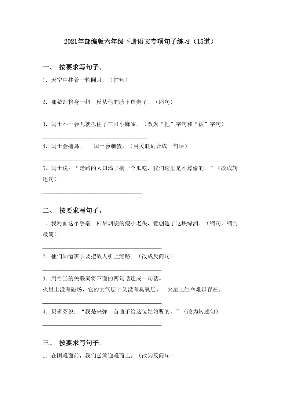 2021年部编版六年级下册语文专项句子练习(15道).doc_第1页