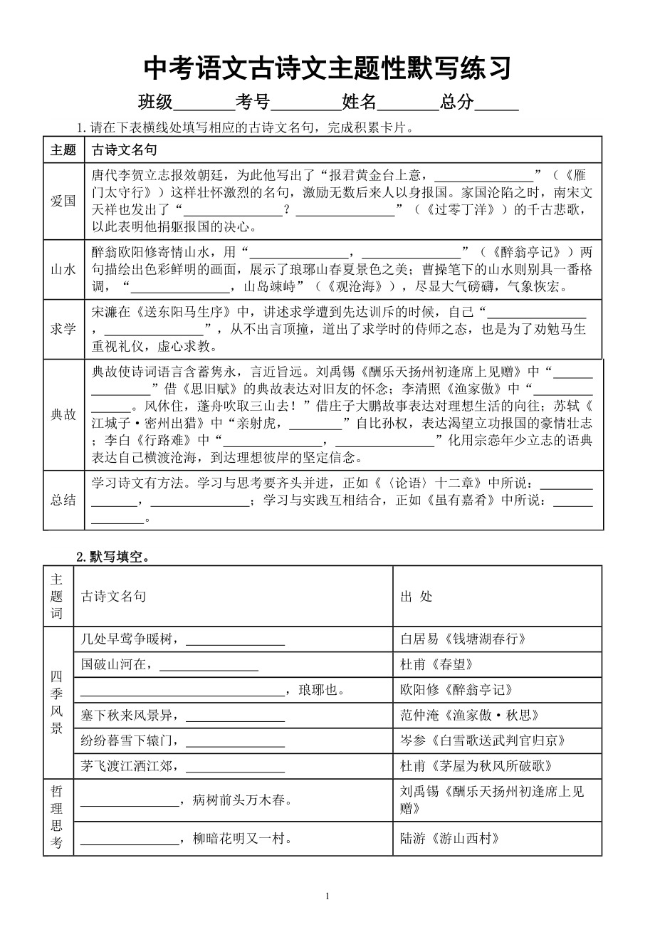 初中语文2023中考复习古诗文主题性默写练习（表格版）（附参考答案）.doc_第1页