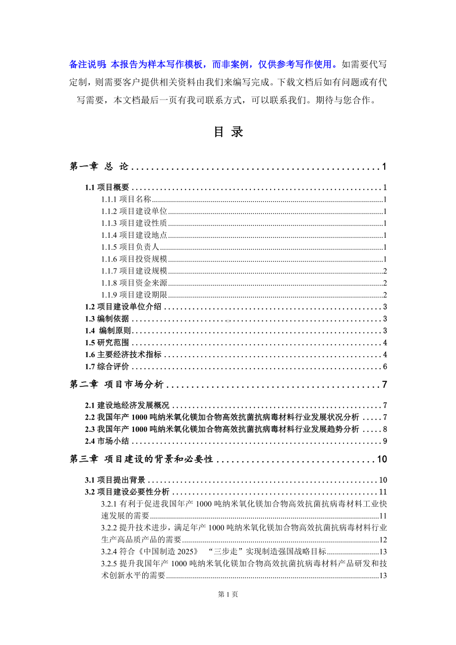 年产1000吨纳米氧化镁加合物高效抗菌抗病毒材料项目可行性研究报告写作模板立项备案文件.doc_第2页