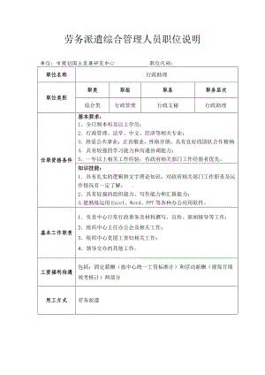 劳务派遣综合管理人员职位说明参考模板范本.doc