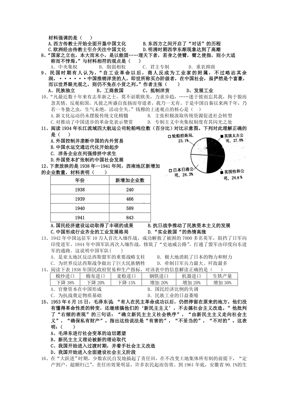 2021年高三上学期期中联考历史试题-含答案.doc_第2页