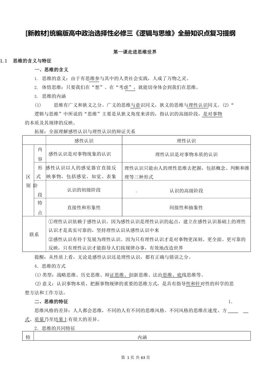 统编版高中政治选择性必修三《逻辑与思维》全册知识点复习提纲(含综合测试卷及答案2套).docx_第1页