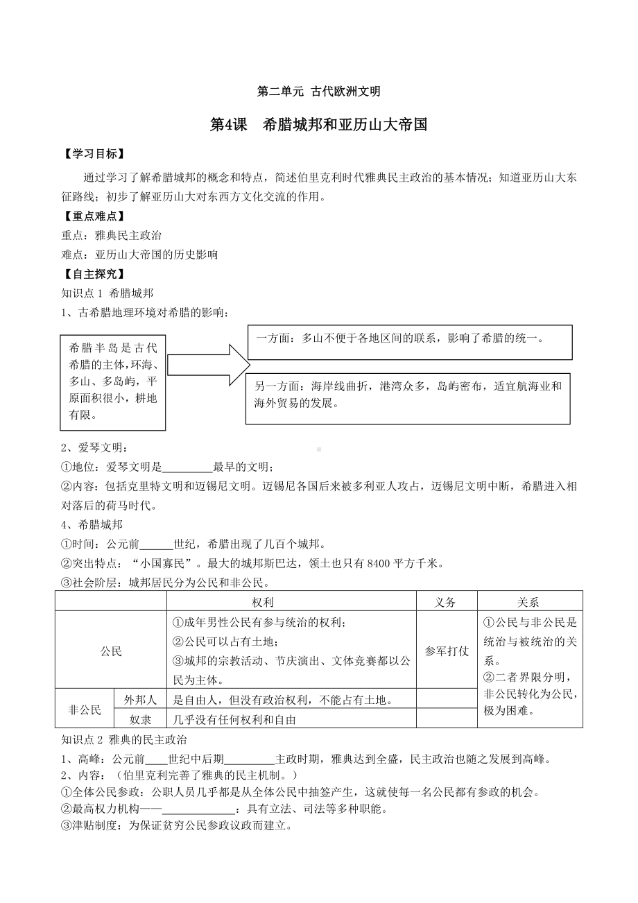 RJ人教版-初三九年级历史-上册第一学期秋季(导学案)第二单元-古代欧洲文明-第4课-希腊城邦和亚历山大帝国.doc_第1页