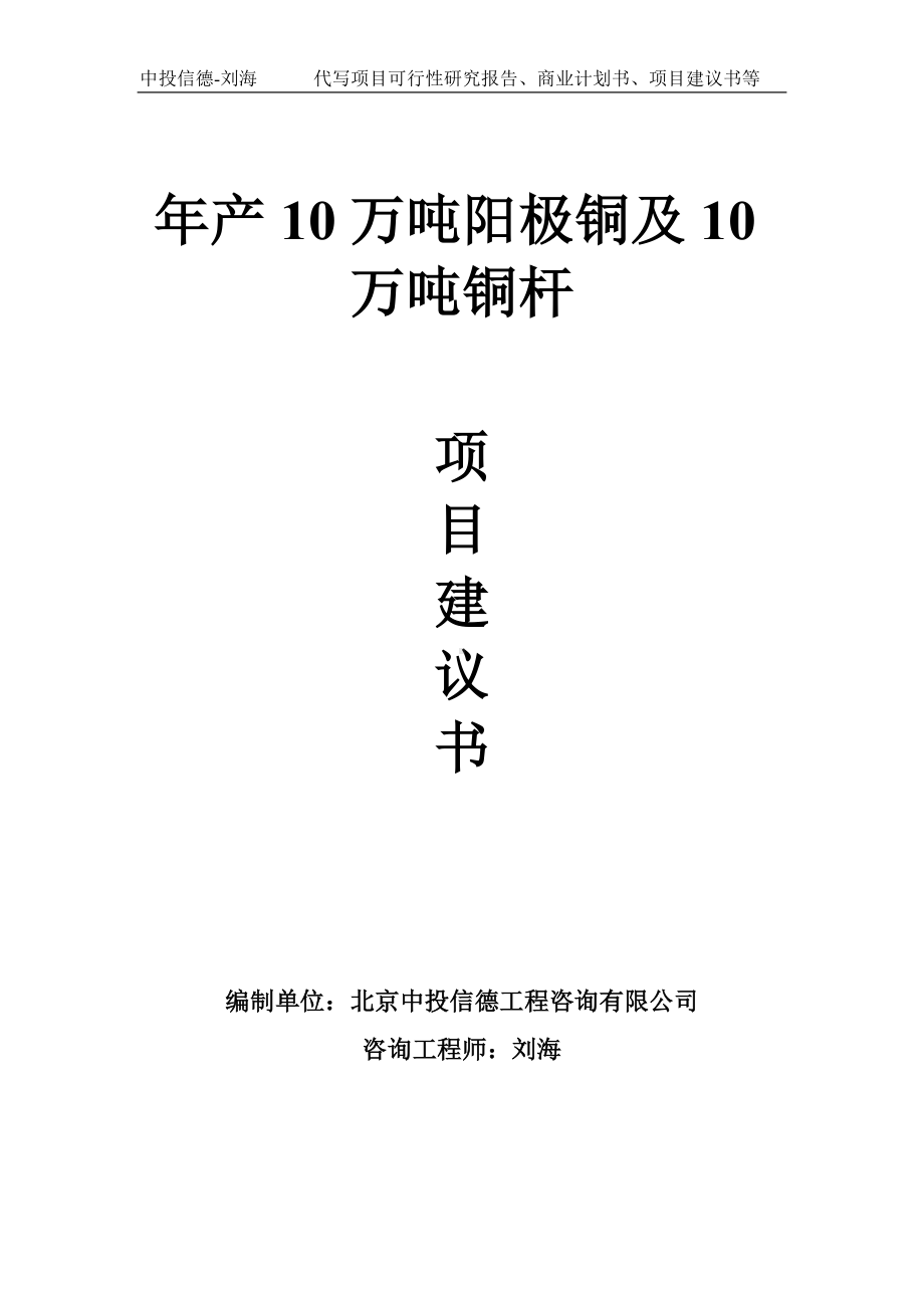 年产10万吨阳极铜及10万吨铜杆项目建议书-写作模板.doc_第1页