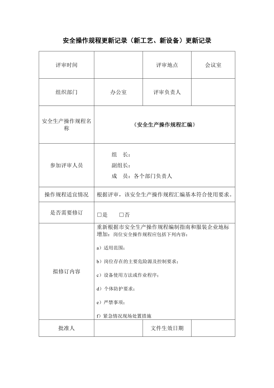 企业安全操作规程更新记录（新工艺、新设备）参考模板范本.doc_第1页