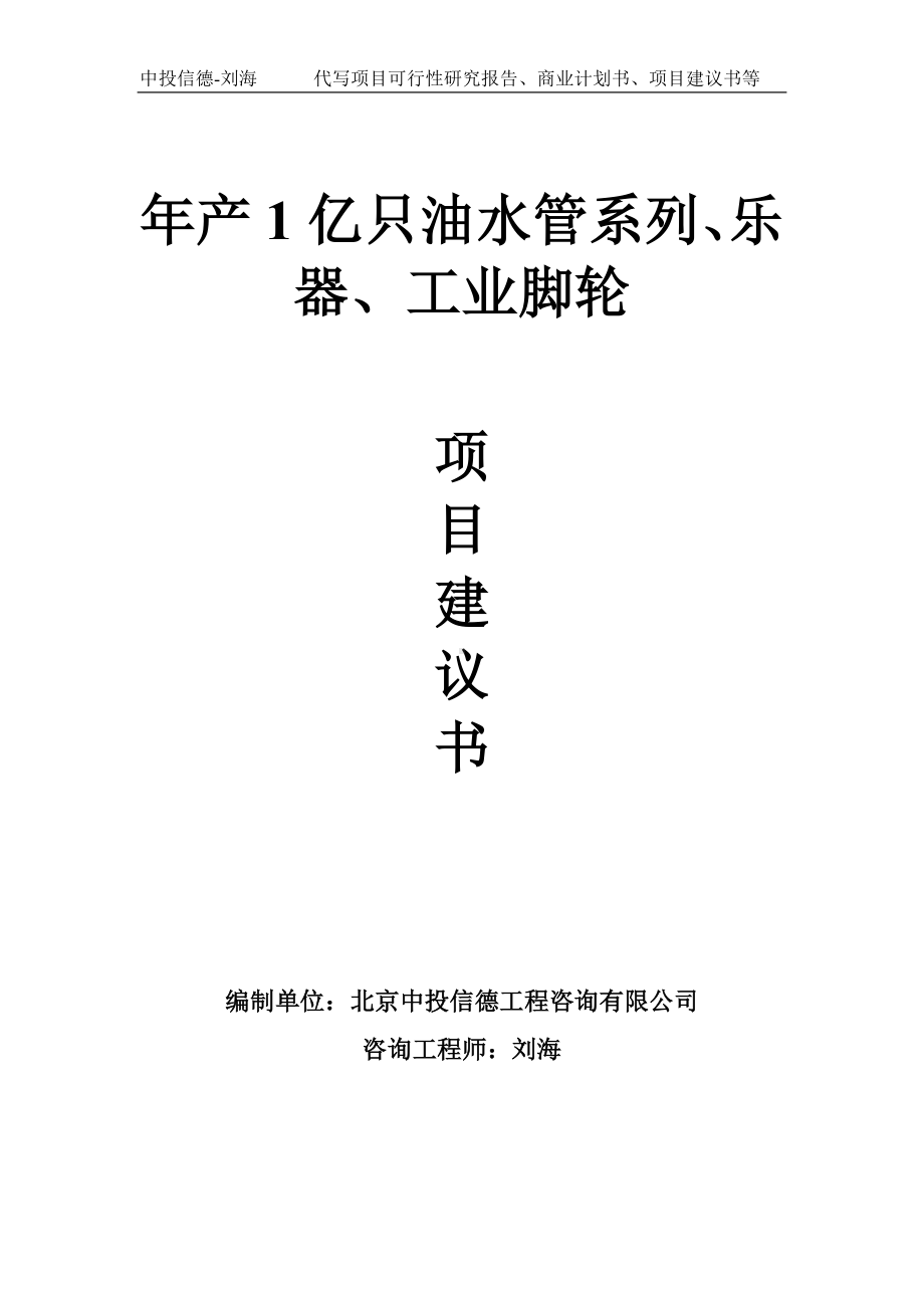 年产1亿只油水管系列、乐器、工业脚轮项目建议书-写作模板.doc_第1页