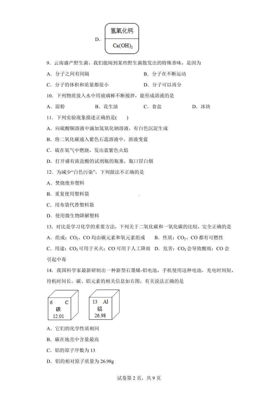 2023年云南省泸水市怒江新城新时代中学九年级学业水平模拟化学试题(三).docx_第2页