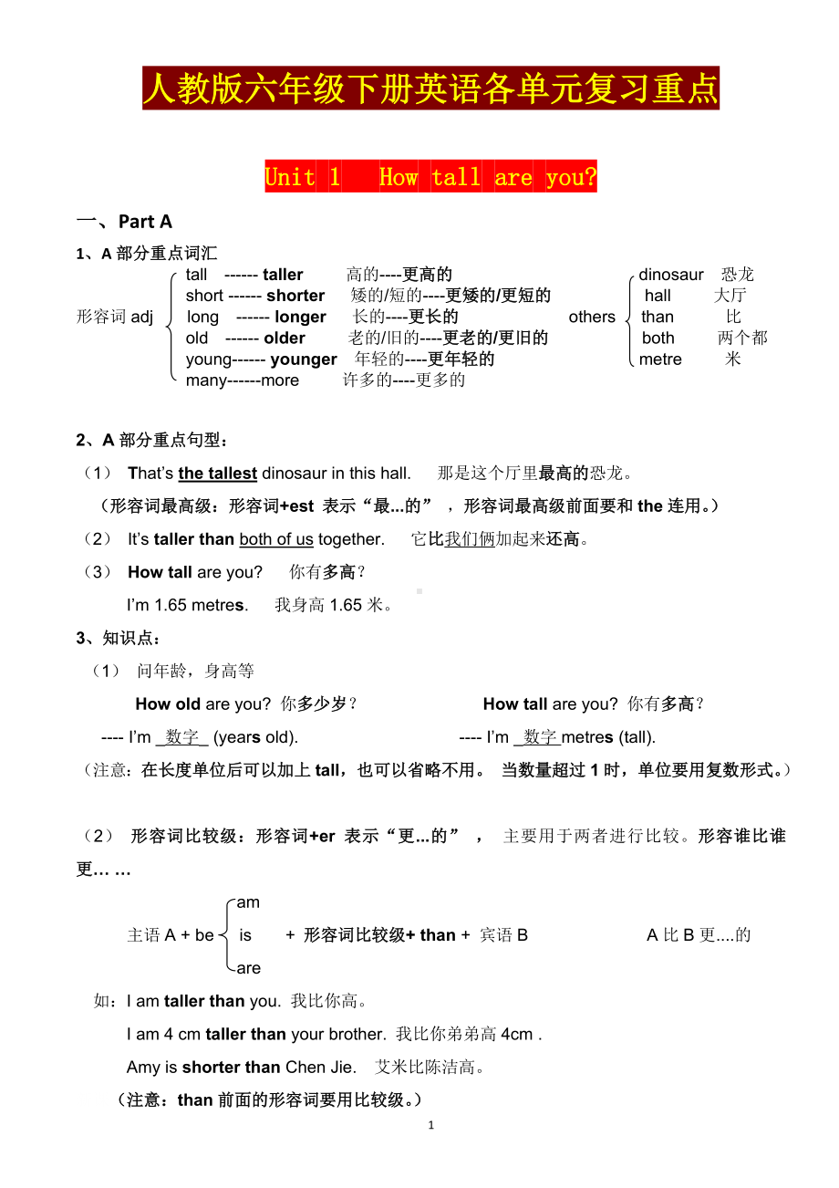 人教版六年级下册英语各单元复习知识汇编.doc_第1页