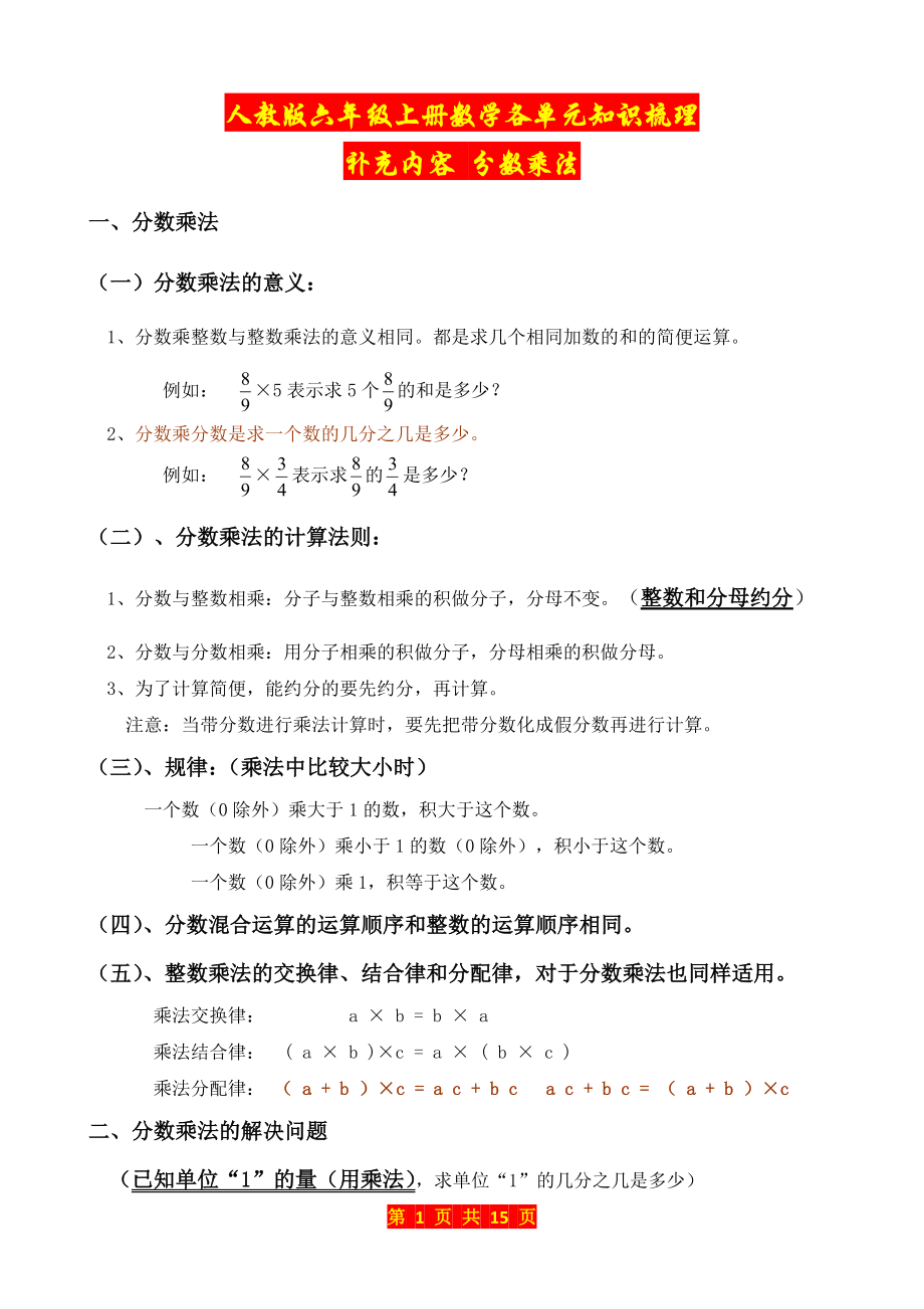 人教版六年级上册数学各单元知识梳理.doc_第1页