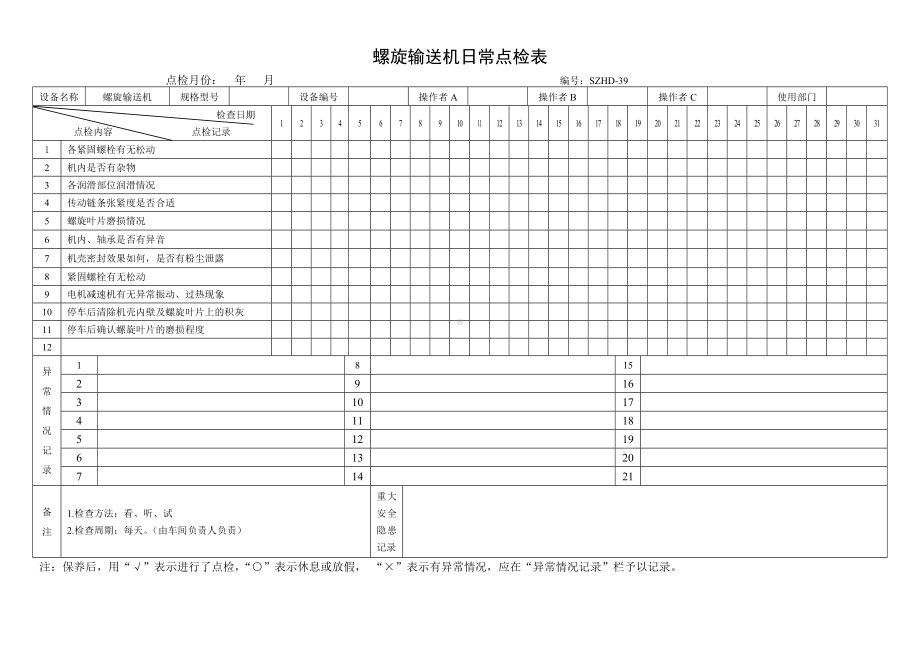 设备日常点检表34.螺旋输送机日常点检表参考模板范本.doc_第1页