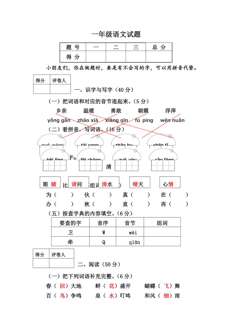 （5套打包）人教版小学一年级语文下期末考试测试卷(含答案解析).docx_第1页