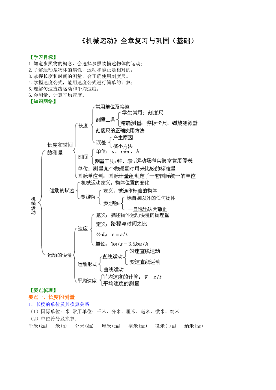 《机械运动》全章复习与巩固-知识讲解(基础)-初中物理（名校学案+详细解答）.doc_第1页