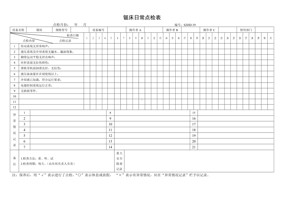 设备日常点检表29.锯床日常点检表参考模板范本.doc_第1页