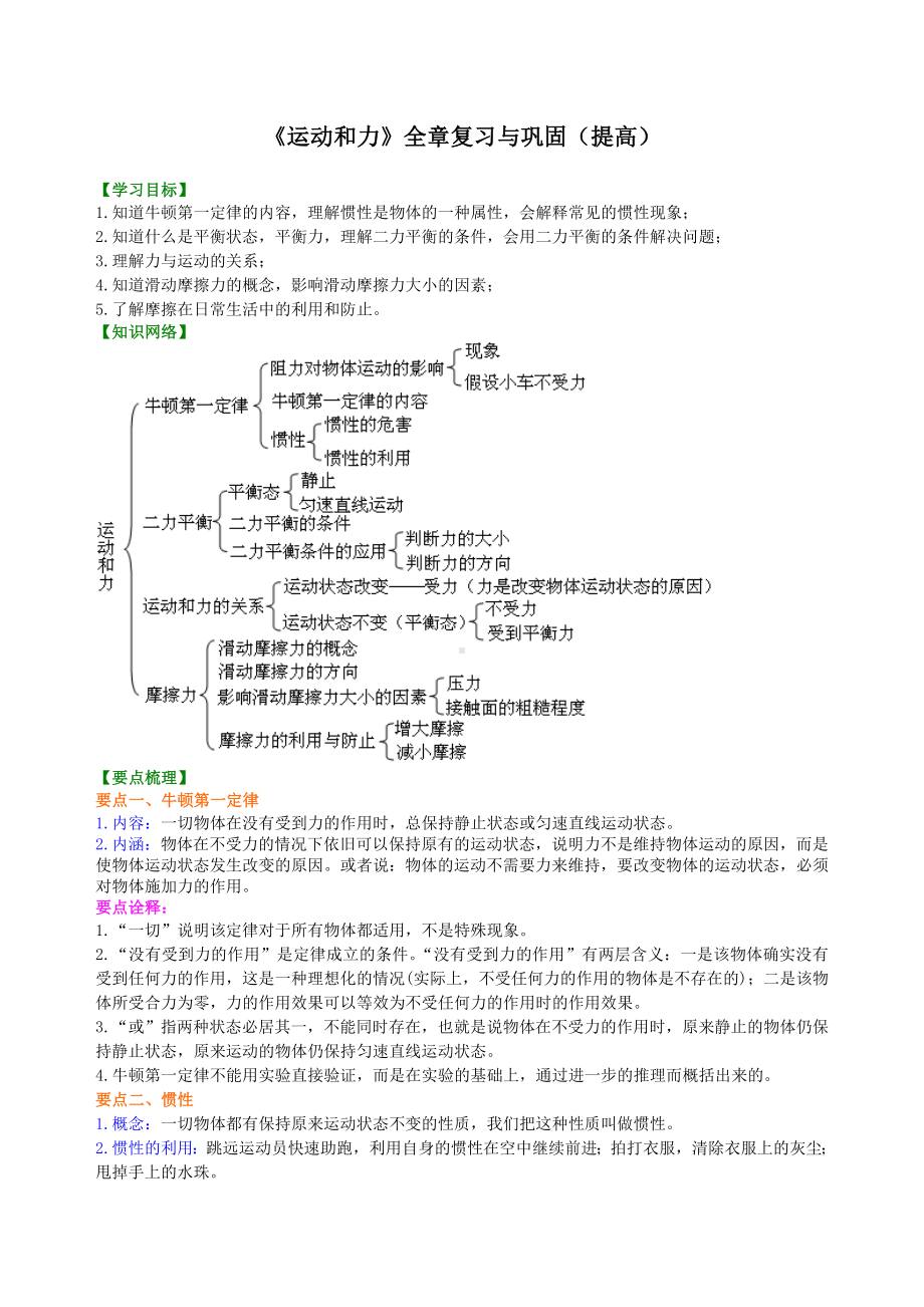 《运动和力》全章复习与巩固(提高)-知识讲解-初中物理（名校学案+详细解答）.doc_第1页