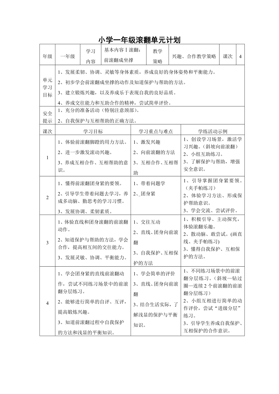 小学一年级滚翻单元计划.docx_第1页