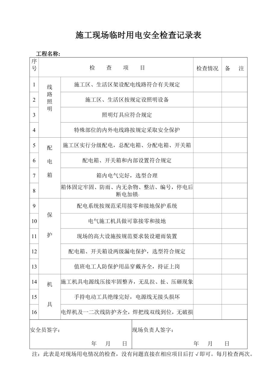 施工现场临时用电安全检查记录表参考模板范本.doc_第1页