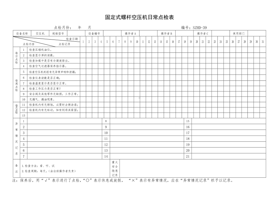 设备日常点检表22.固定式螺杆空压机日常点检表参考模板范本.doc_第1页