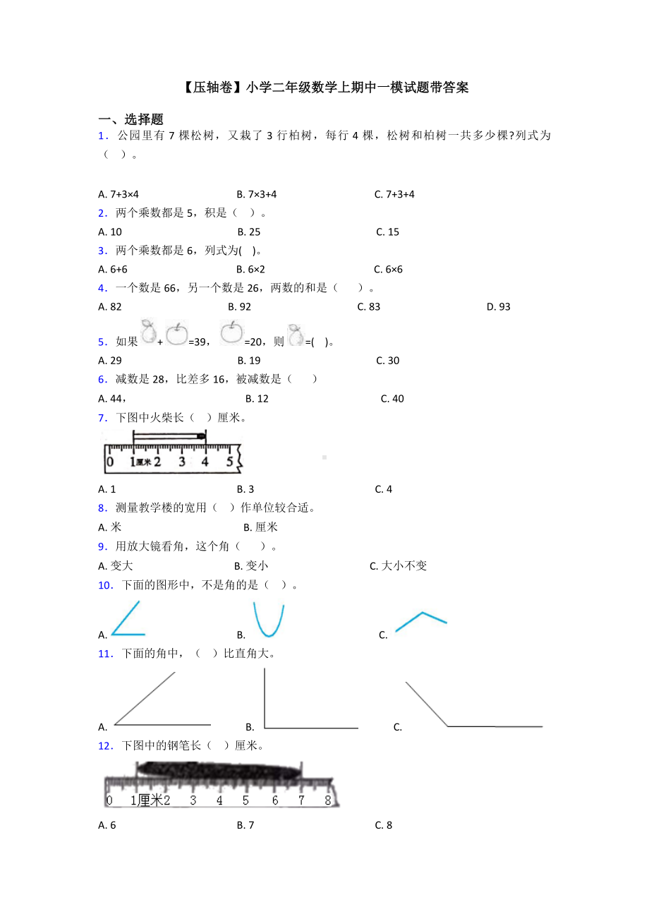 （压轴卷）小学二年级数学上期中一模试题带答案.doc_第1页