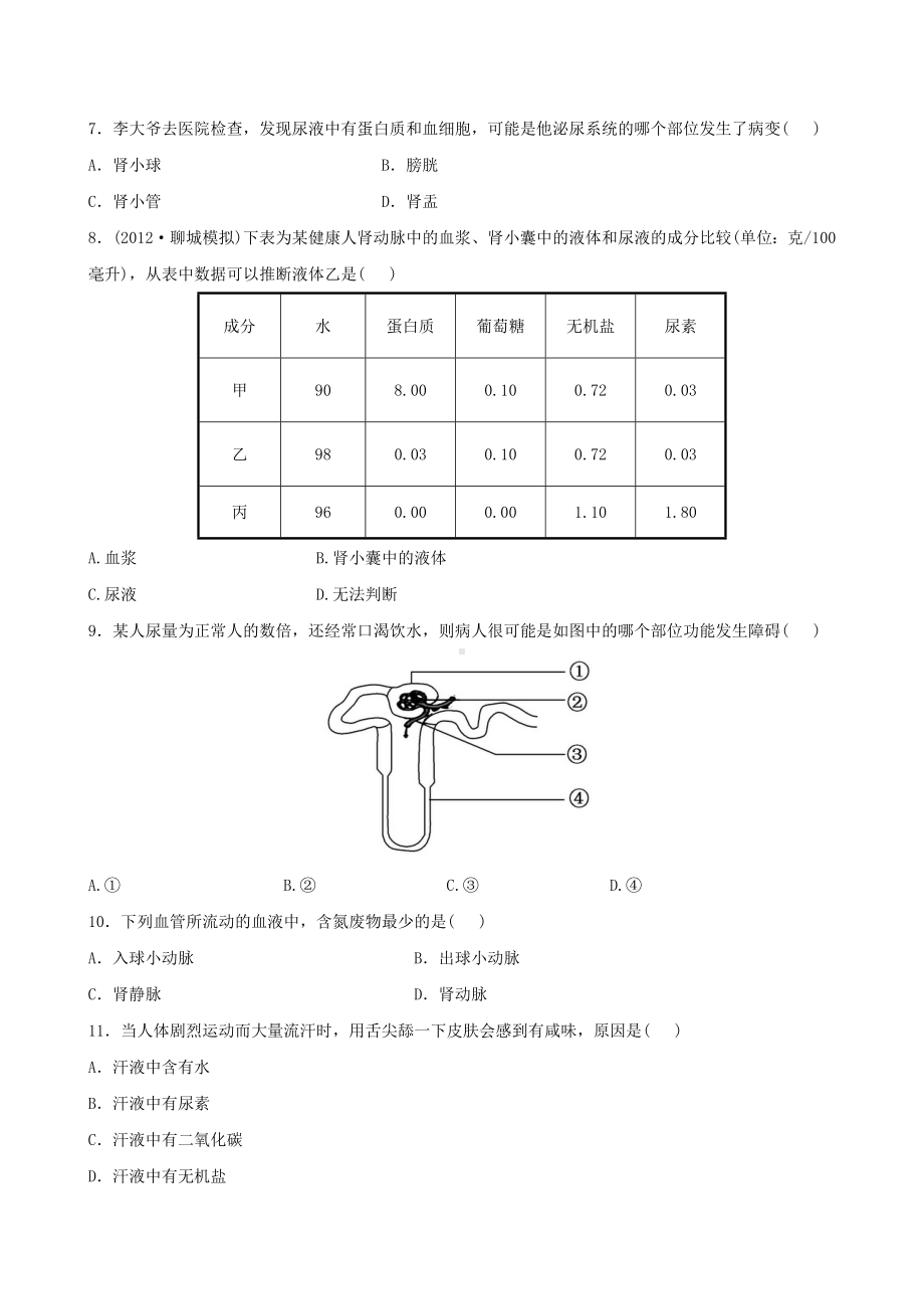 （全程复习方略）中考生物-第11章-人体代谢废物的排出精练精析(含中考题示例)-北师大版.doc_第2页