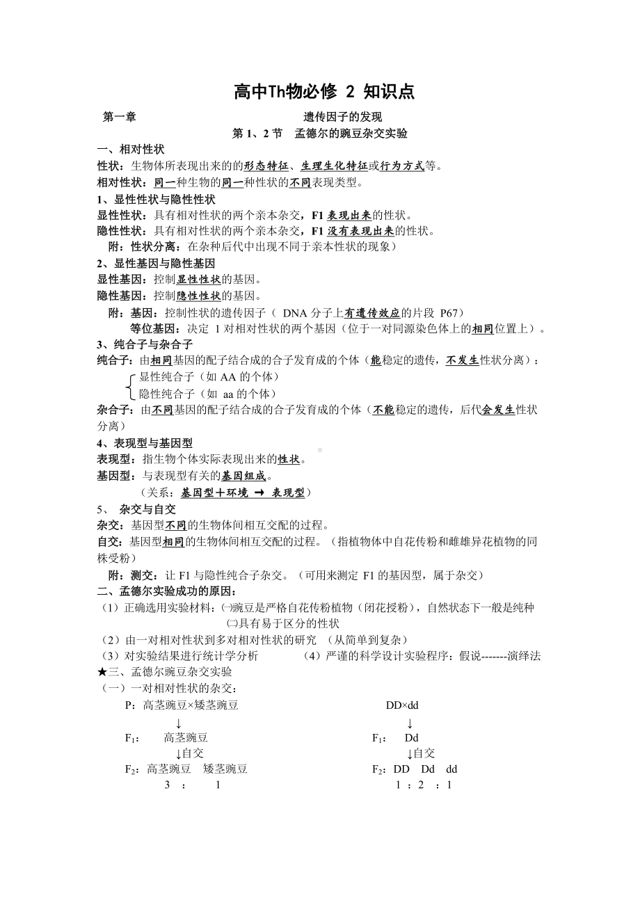 （人教版）版高中生物必修2知识点清单(14页-)-全套资源-.docx_第1页