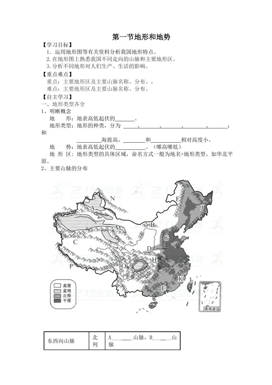 （人教版）八年级地理上册第二章《地形和地势》导学案及优化训练答案.doc_第1页