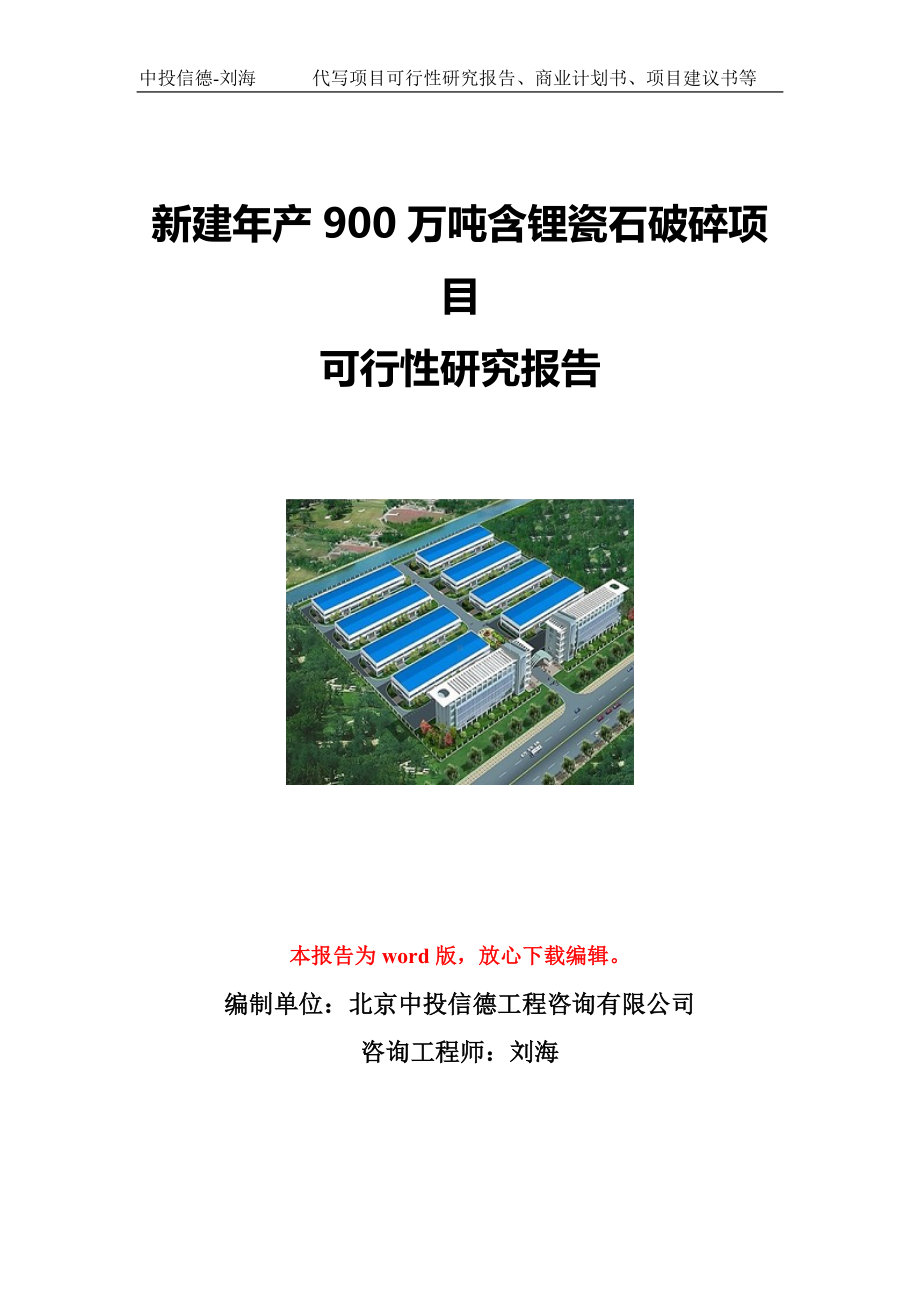 新建年产900万吨含锂瓷石破碎项目可行性研究报告写作模板立项备案文件.doc_第1页