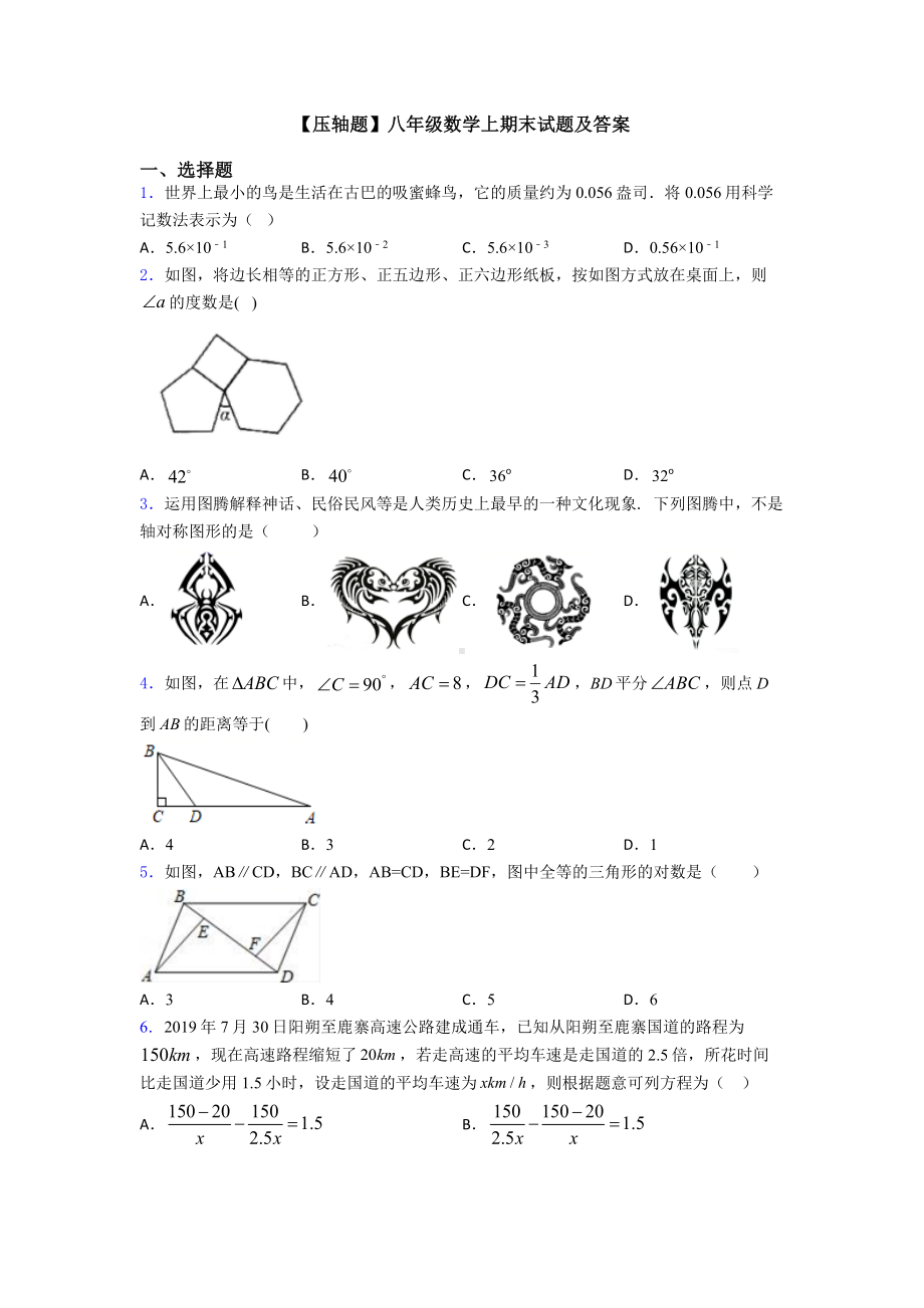 （压轴题）八年级数学上期末试题及答案.doc_第1页