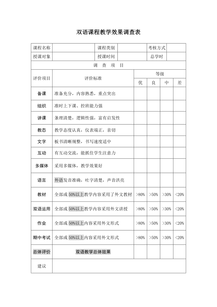 双语课程教学效果调查表参考模板范本.doc_第1页