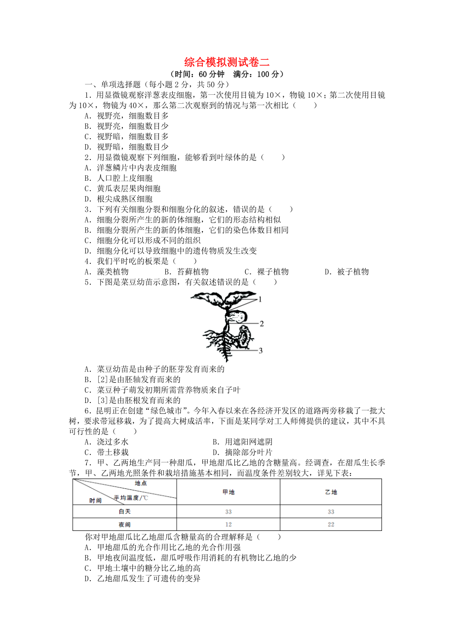 （备考-志鸿优化设计）中考生物总复习综合模拟二-新人教版.doc_第1页