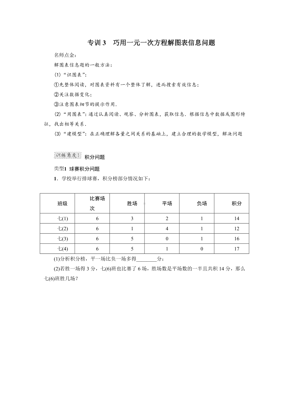 （人教版）初一数学上册《专训3-巧用一元一次方程解图表信息问题》(附答案).doc_第1页