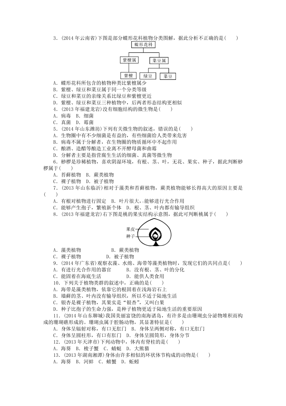 （中考风向标）中考生物基础复习-第七章-生物的多样性试题.doc_第3页