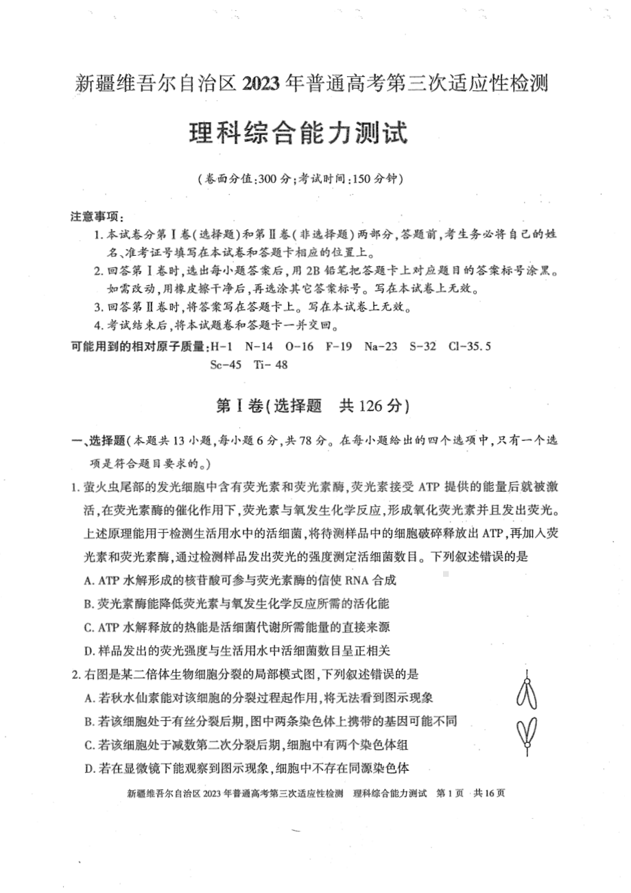 新疆2023届高三第三次适应性检测理科综合试卷+答案.pdf_第1页