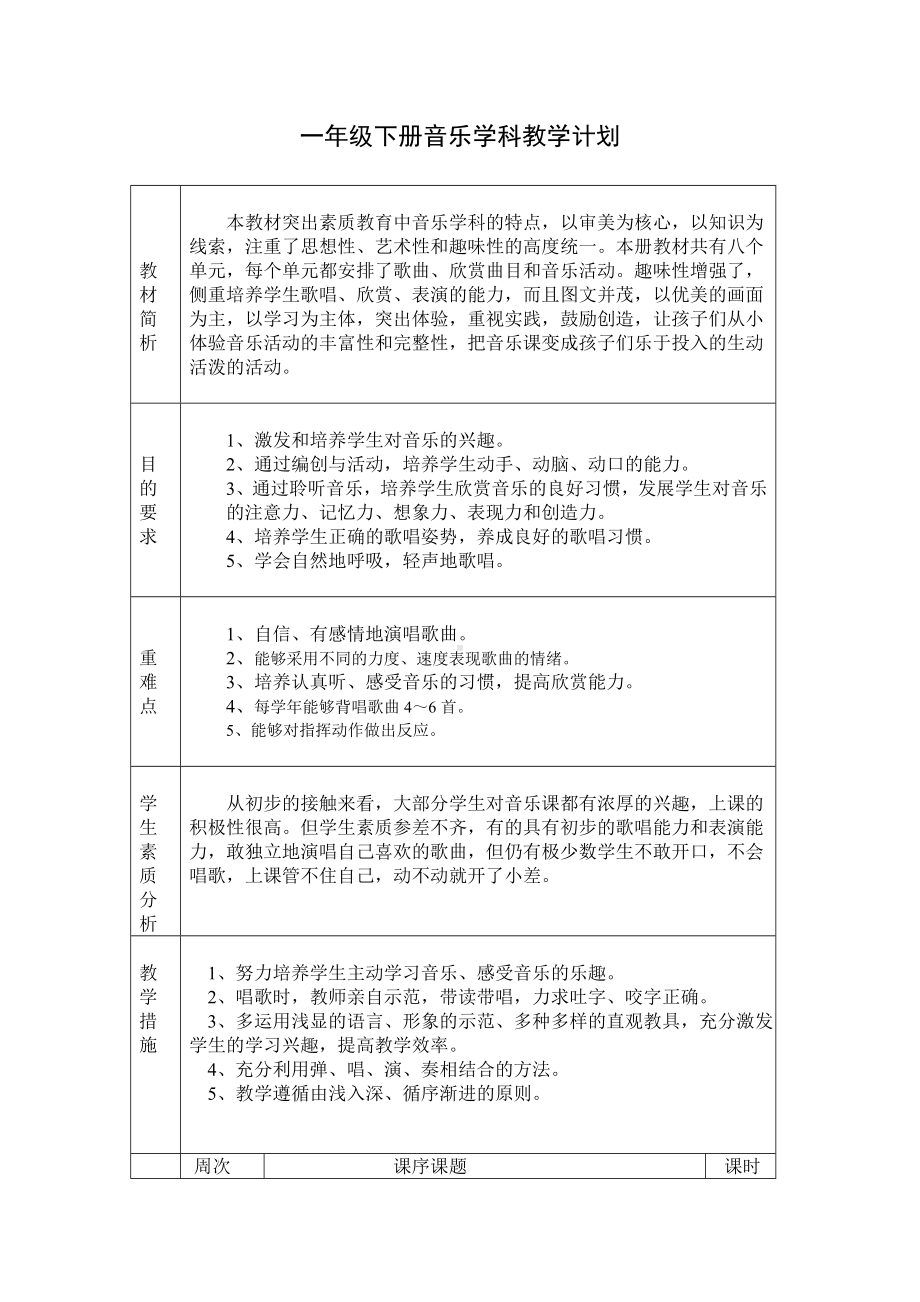 一年级(下）音乐学科教学计划.doc_第1页