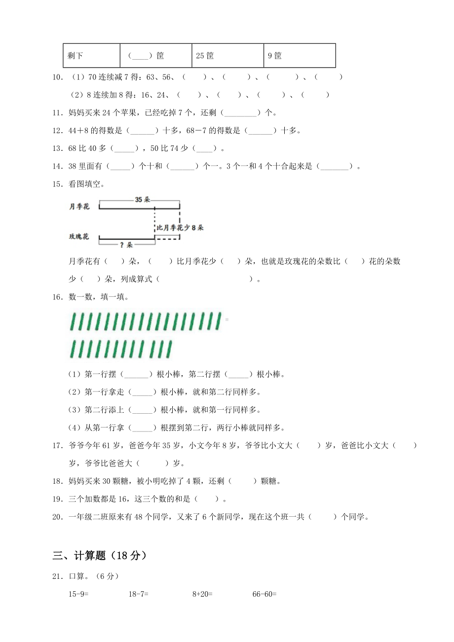 （数学）苏教版数学一年级下册第6单元《100以内的加减法(二)》测试卷(一).doc_第2页