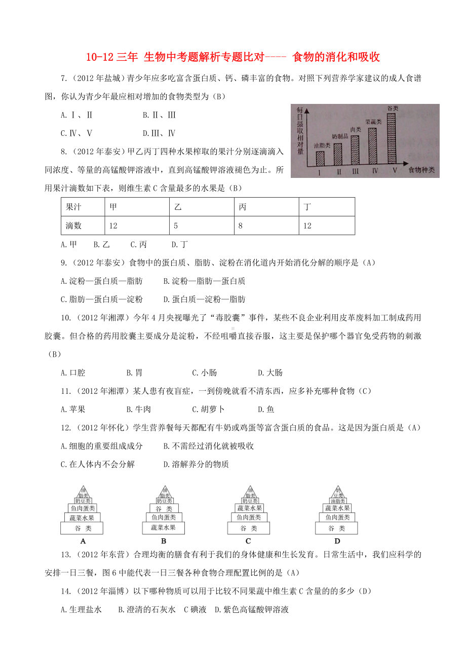 （三年中考）-中考生物题解析专题比对-食物的消化和吸收.doc_第1页