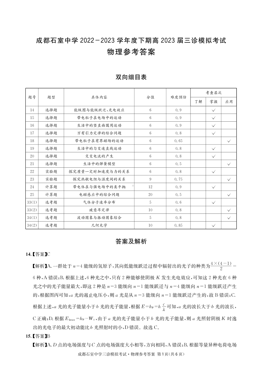 2023年四川成都石室联考 三诊 物理参考答案7.pdf_第1页