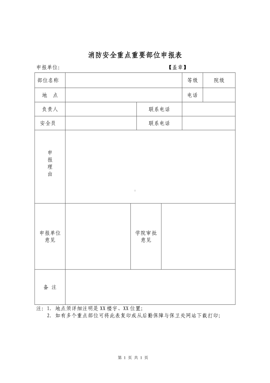 消防安全重点重要部位申报表参考模板范本.doc_第1页