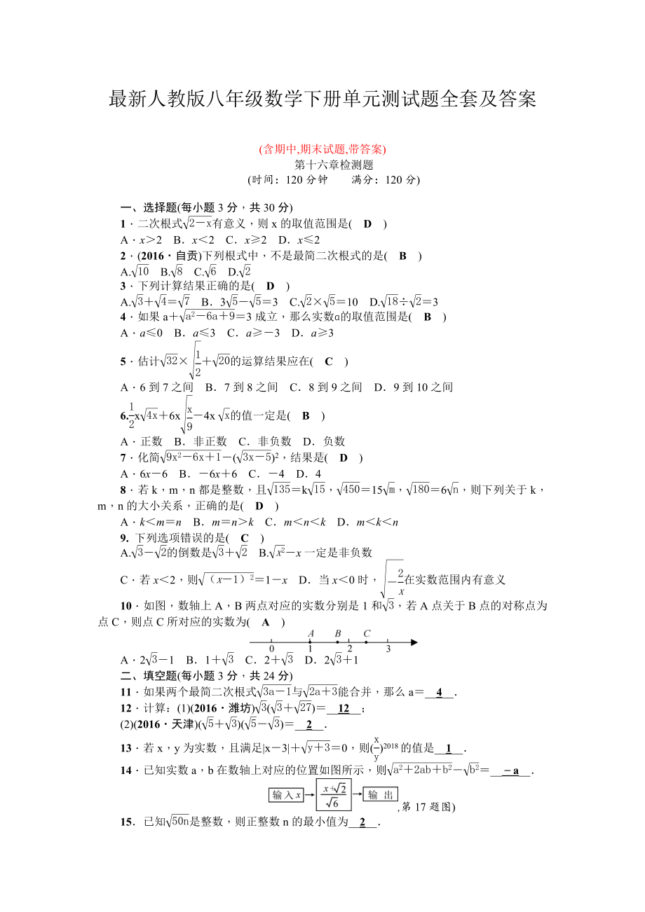 （精编）最新人教版八年级数学下册单元测试题全套及答案(全册精品).doc_第1页