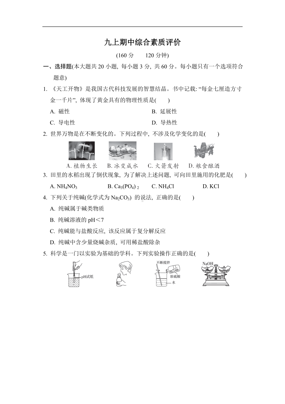 浙教版科学九年级上册期中综合素质评价.doc_第1页