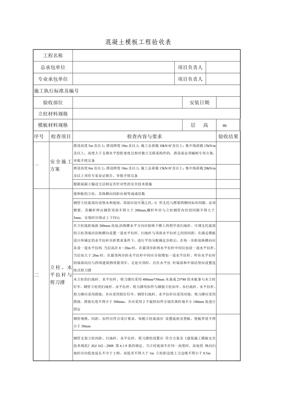 混凝土模板工程验收表（参考）参考模板范本.docx_第1页