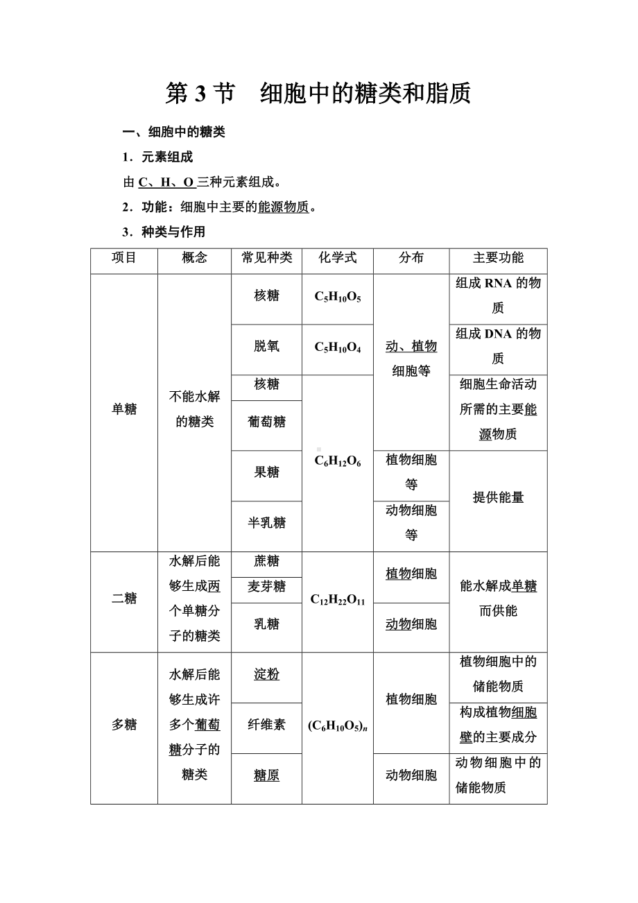 （知识点）必修一第2章-第3节-细胞中的糖类和脂质-知识点.doc_第1页