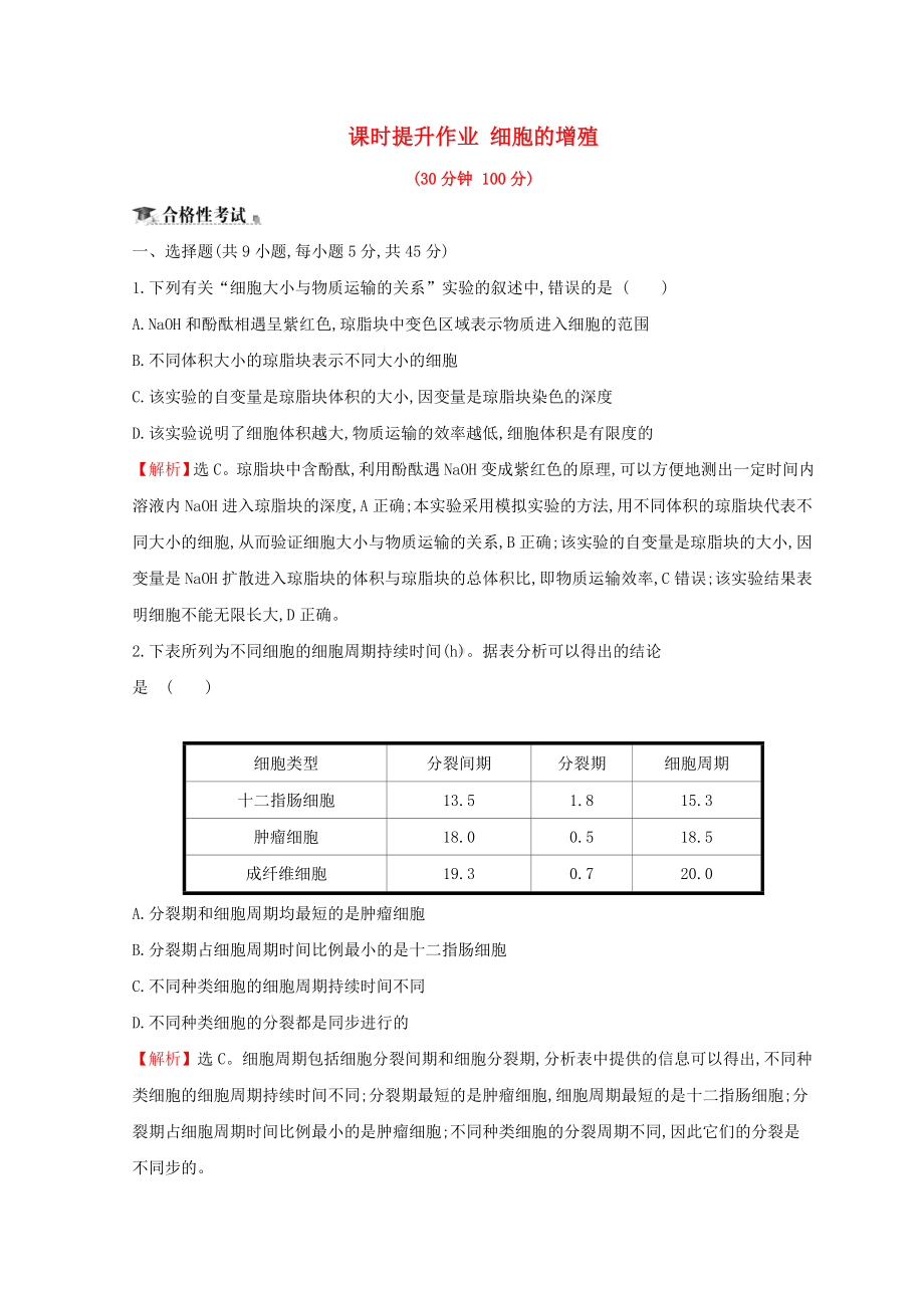 （文库精品）高中生物-第六章-细胞的生命历程-第一节-细胞的增殖课时提升作业-新人教版必修1.doc_第1页