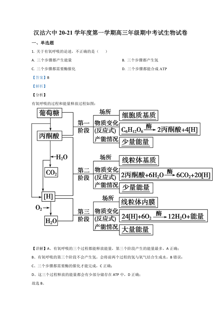 （精准解析）天津市滨海新区汉沽六中2021届高三上学期期中考试生物试卷.doc_第1页