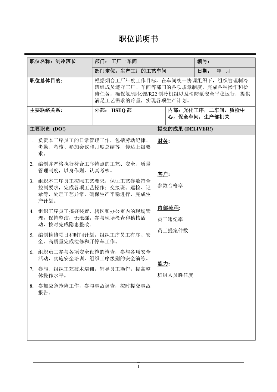 职位说明书-制冷班长参考模板范本.doc_第1页