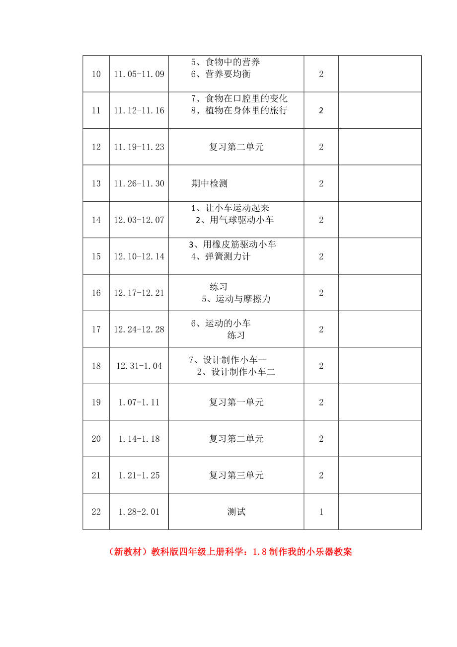 （新教材）完整版-教科版小学四年级-科学上册：教学计划及进度表.doc_第3页