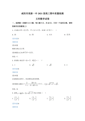 （精准解析）陕西省咸阳市高新一中2021届高三上学期期中考试质量检测文科数学试卷.doc